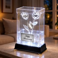 2 Illuminated 8" Silver Roses in Custom Display Case